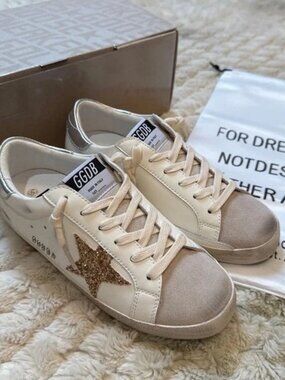 Golden Goose Women's Beige and Gold Glitter Star Sneakers